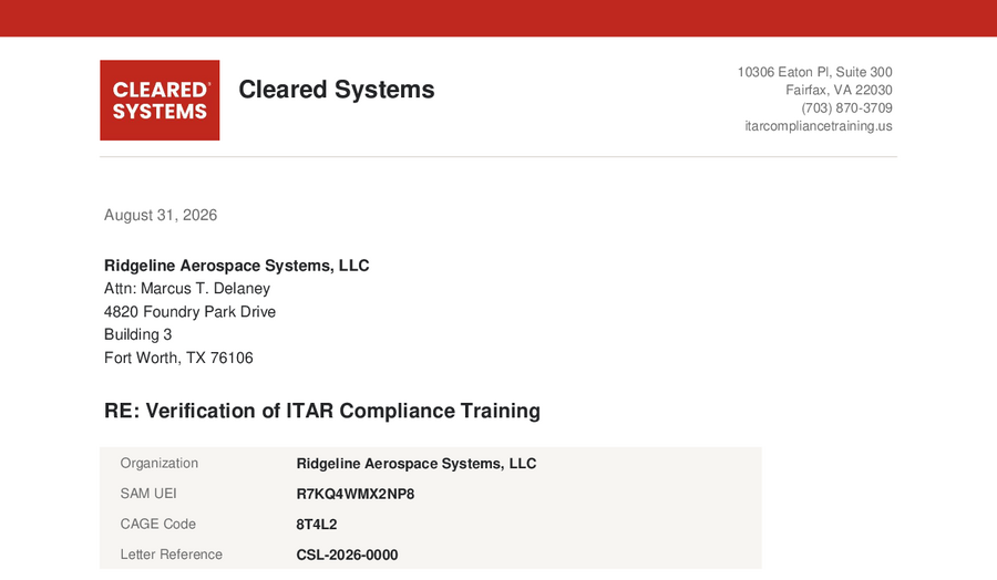 Top of a sample ITAR compliance attestation letter on Cleared Systems letterhead, showing the subject line, organization identifiers, and the first named employees with their certificate references