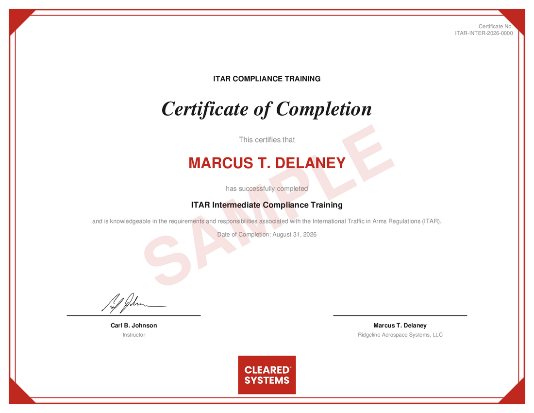 Sample ITAR Intermediate compliance training certificate showing the verification code, completion date, and instructor and student signature blocks